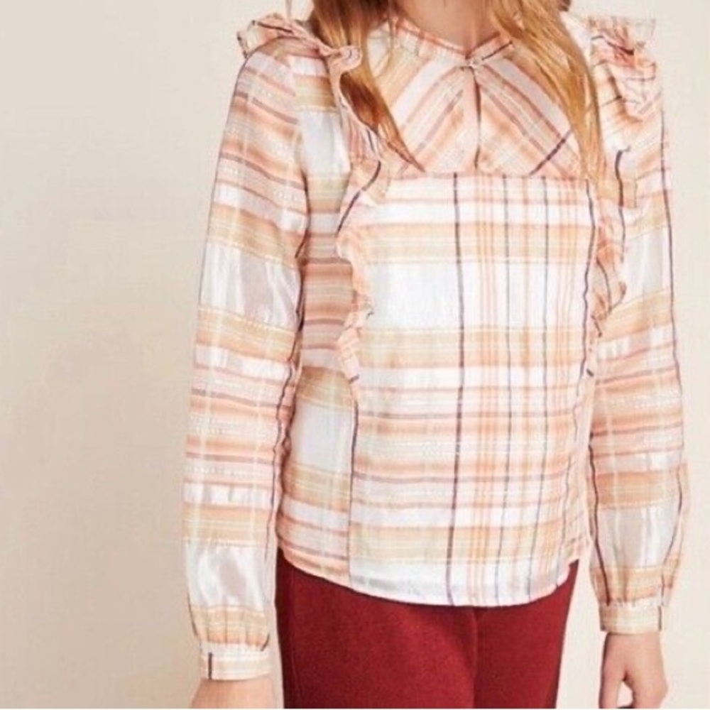Current Air Plaid Polly Ruffle Blouse Top